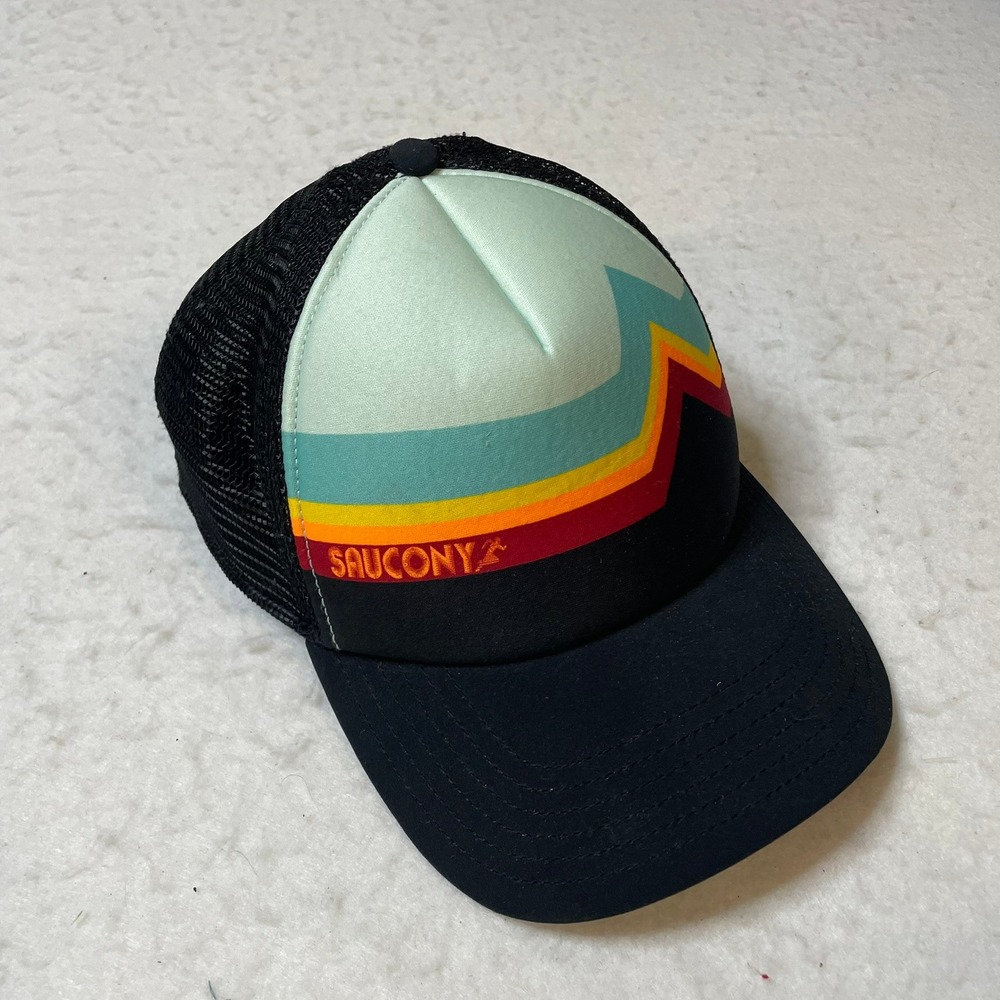 Saucony‎ Mens Trucker Hat Mesh Cap Retro Vibe Rainbow Stripes Black Adjustable
